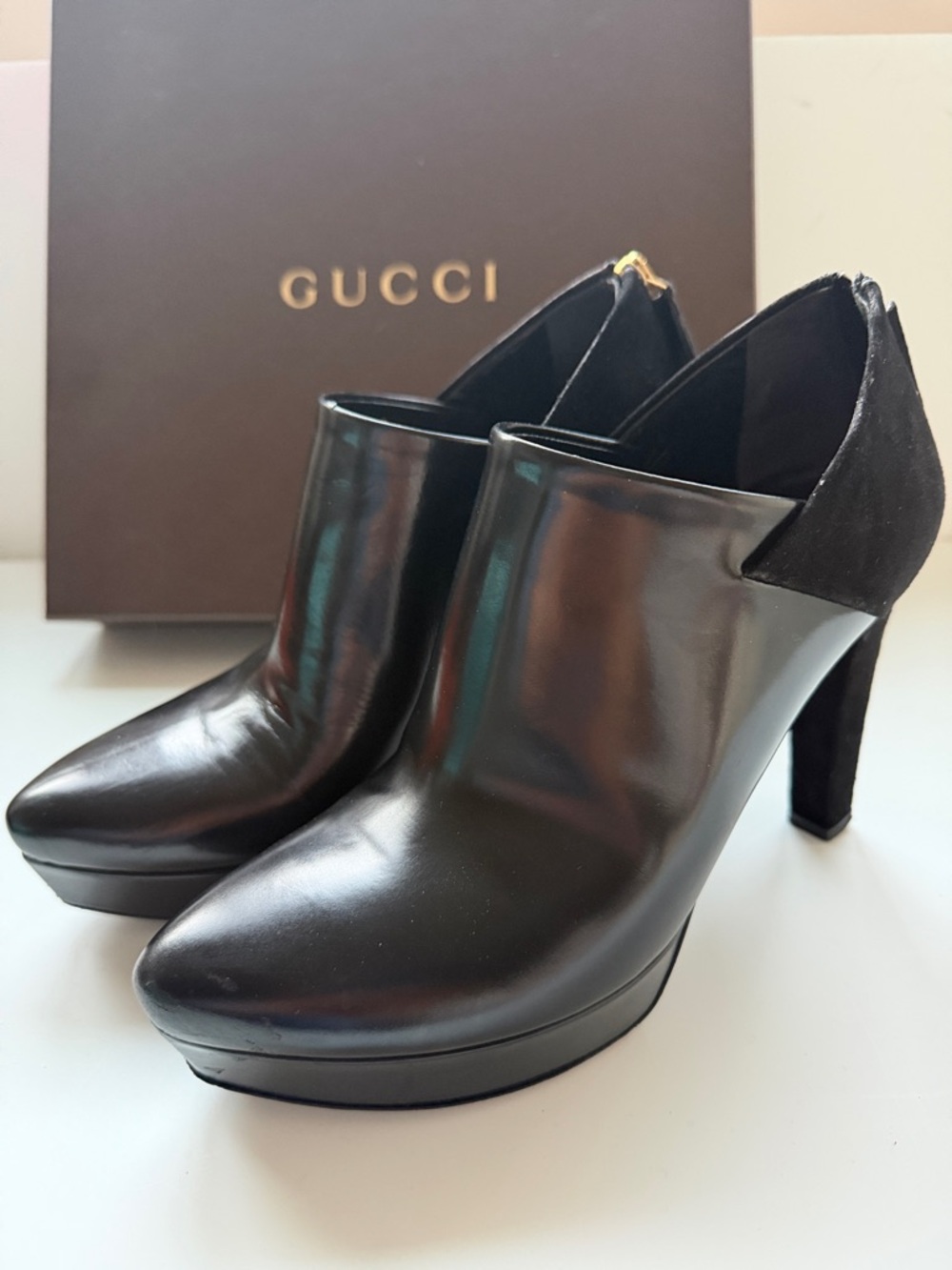 Gucci Black Leather Platform High-Heel Ankle Pumps
